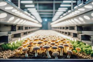 Organic mushrooms growing on modern mushroom farm with smart technologies. High-tech greenhouse for mushroom cultivation. Natural mushroom production industry. photo