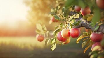 Fruit farm with apple trees. Branch with natural apples on blurred background of apple orchard in golden hour. Concept organic, local, season fruits and harvesting. photo