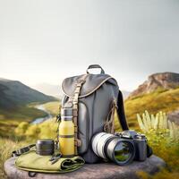 Mounting hiking. Backpack, sleeping mat, travel mug and camera on beautiful mountains background, space for text. Summer holiday journey.Tourism and camping equipment. photo