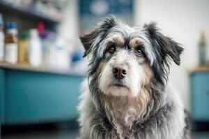 linda antiguo peludo perro a el moderno veterinario clínica. cuidado y tratamiento de mascotas. Ayudar Vagabundo animales regular procedimientos para animales generativo ai foto