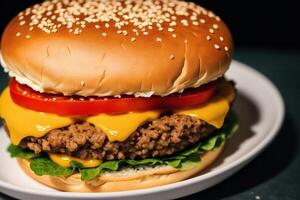 de cerca de sabroso hamburguesa con queso y vegetales en negro antecedentes. generativo ai foto