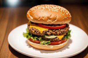 Closeup of tasty hamburger with cheese and vegetables on black background. photo