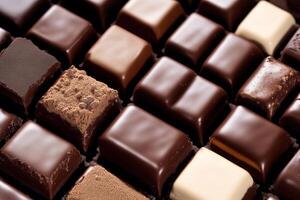 An assortment of chocolate, candy, bars and chocolate pieces on a wooden background, sweet food. Chocolate cake. photo