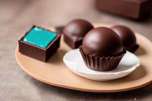 An assortment of chocolate, candy, bars and chocolate pieces on a wooden background, sweet food. Chocolate cake. photo