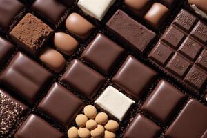 un surtido de chocolate, dulce, barras y chocolate piezas en un de madera fondo, dulce alimento. chocolate pastel. generativo ai foto