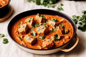 Curry with chicken and vegetables in a bowl on a wooden table. Gumbo. Vegetable soup. Seafood soup photo