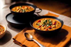 Curry with chicken and vegetables in a bowl on a wooden table. Gumbo. Vegetable soup. Seafood soup photo