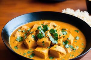 Curry with chicken and vegetables in a bowl on a wooden table. Gumbo. Vegetable soup. Seafood soup photo