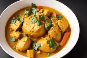 Curry with chicken and vegetables in a bowl on a wooden table. Gumbo. Vegetable soup. Seafood soup photo