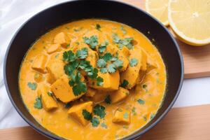 Curry with chicken and vegetables in a bowl on a wooden table. Gumbo. Vegetable soup. Seafood soup photo