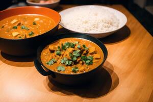 Curry with chicken and vegetables in a bowl on a wooden table. Gumbo. Vegetable soup. Seafood soup photo