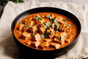 Curry with chicken and vegetables in a bowl on a wooden table. Gumbo. Vegetable soup. Seafood soup photo