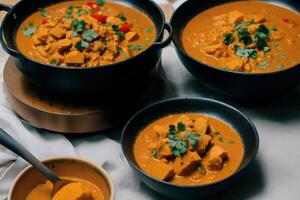 Curry with chicken and vegetables in a bowl on a wooden table. Gumbo. Vegetable soup. Seafood soup photo