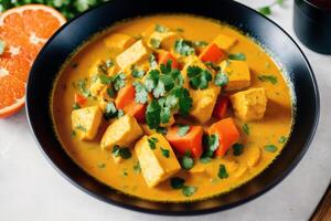 Curry with chicken and vegetables in a bowl on a wooden table. Gumbo. Vegetable soup. Seafood soup photo