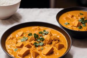 Curry with chicken and vegetables in a bowl on a wooden table. Gumbo. Vegetable soup. Seafood soup photo