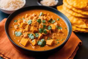 Curry with chicken and vegetables in a bowl on a wooden table. Gumbo. Vegetable soup. Seafood soup photo