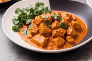 Curry with chicken and vegetables in a bowl on a wooden table. Gumbo. Vegetable soup. Seafood soup photo