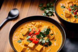 Curry with chicken and vegetables in a bowl on a wooden table. Gumbo. Vegetable soup. Seafood soup photo