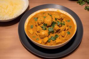 Curry with chicken and vegetables in a bowl on a wooden table. Gumbo. Vegetable soup. Seafood soup photo