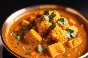 Curry with chicken and vegetables in a bowl on a wooden table. Gumbo. Vegetable soup. Seafood soup photo