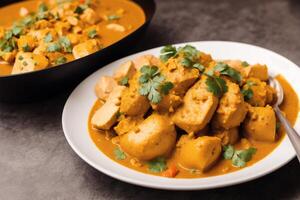 Curry with chicken and vegetables in a bowl on a wooden table. Gumbo. Vegetable soup. Seafood soup photo