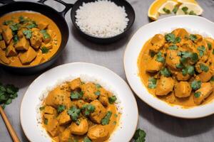 Curry with chicken and vegetables in a bowl on a wooden table. Gumbo. Vegetable soup. Seafood soup photo