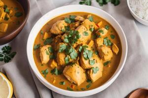 Curry with chicken and vegetables in a bowl on a wooden table. Gumbo. Vegetable soup. Seafood soup photo