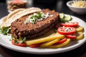 A plate with doner kebab on a wooden table. shish kabob, meat sticks. photo