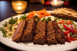 A plate with doner kebab on a wooden table. shish kabob, meat sticks. photo