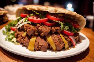 A plate with doner kebab on a wooden table. shish kabob, meat sticks. photo