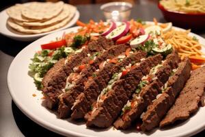 A plate with doner kebab on a wooden table. shish kabob, meat sticks. photo