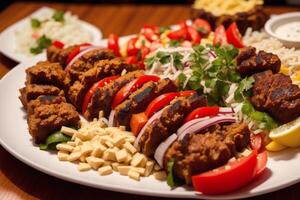 A plate with doner kebab on a wooden table. shish kabob, meat sticks. photo