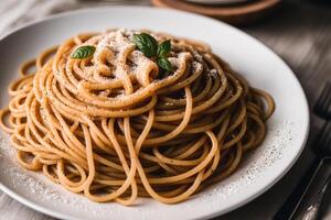 Spaghetti pasta with parmesan cheese and parsley on a plate. Generative AI photo