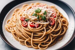 Spaghetti pasta with parmesan cheese and parsley on a plate. photo