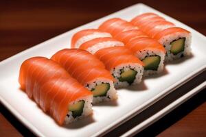 japonés cocina. Sushi y rollos en el mesa en el restaurante. generativo ai foto