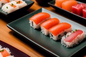 japanese cuisine. sushi and rolls on the table in the restaurant. photo