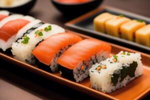 japanese cuisine. sushi and rolls on the table in the restaurant. photo