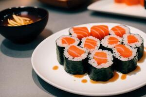 japanese cuisine. sushi and rolls on the table in the restaurant. photo