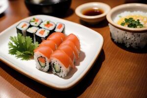 japonés cocina. Sushi y rollos en el mesa en el restaurante. generativo ai foto