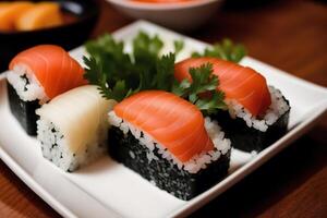 japonés cocina. Sushi y rollos en el mesa en el restaurante. generativo ai foto