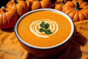 Pumpkin soup with cream and parsley. Creamy tomato soup. Chicken noodle soup. photo