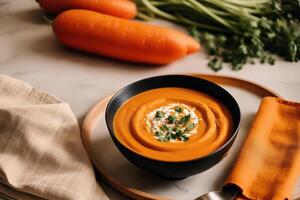 Pumpkin soup with cream and parsley. Creamy tomato soup. Chicken noodle soup. photo