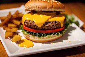 de cerca de sabroso hamburguesa con queso y vegetales en negro antecedentes. generativo ai foto