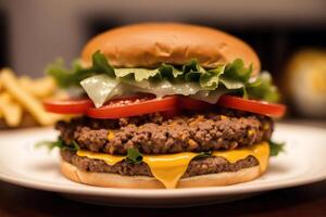 de cerca de sabroso hamburguesa con queso y vegetales en negro antecedentes. generativo ai foto