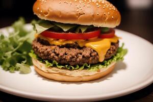 de cerca de sabroso hamburguesa con queso y vegetales en negro antecedentes. generativo ai foto