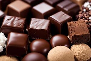 An assortment of chocolate, candy, bars and chocolate pieces on a wooden background, sweet food. Chocolate cake. photo