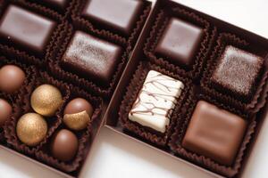 An assortment of chocolate, candy, bars and chocolate pieces on a wooden background, sweet food. Chocolate cake. photo