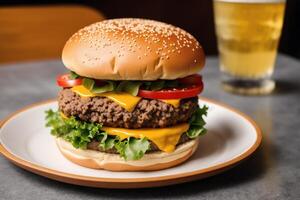 Closeup of tasty hamburger with cheese and vegetables on black background. photo