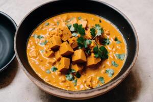 Curry with chicken and vegetables in a bowl on a wooden table. Gumbo. Vegetable soup. Seafood soup photo