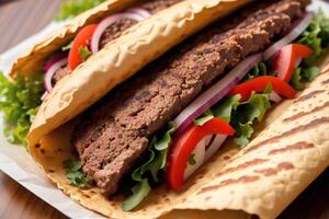 A plate with doner kebab on a wooden table. shish kabob, meat sticks. photo